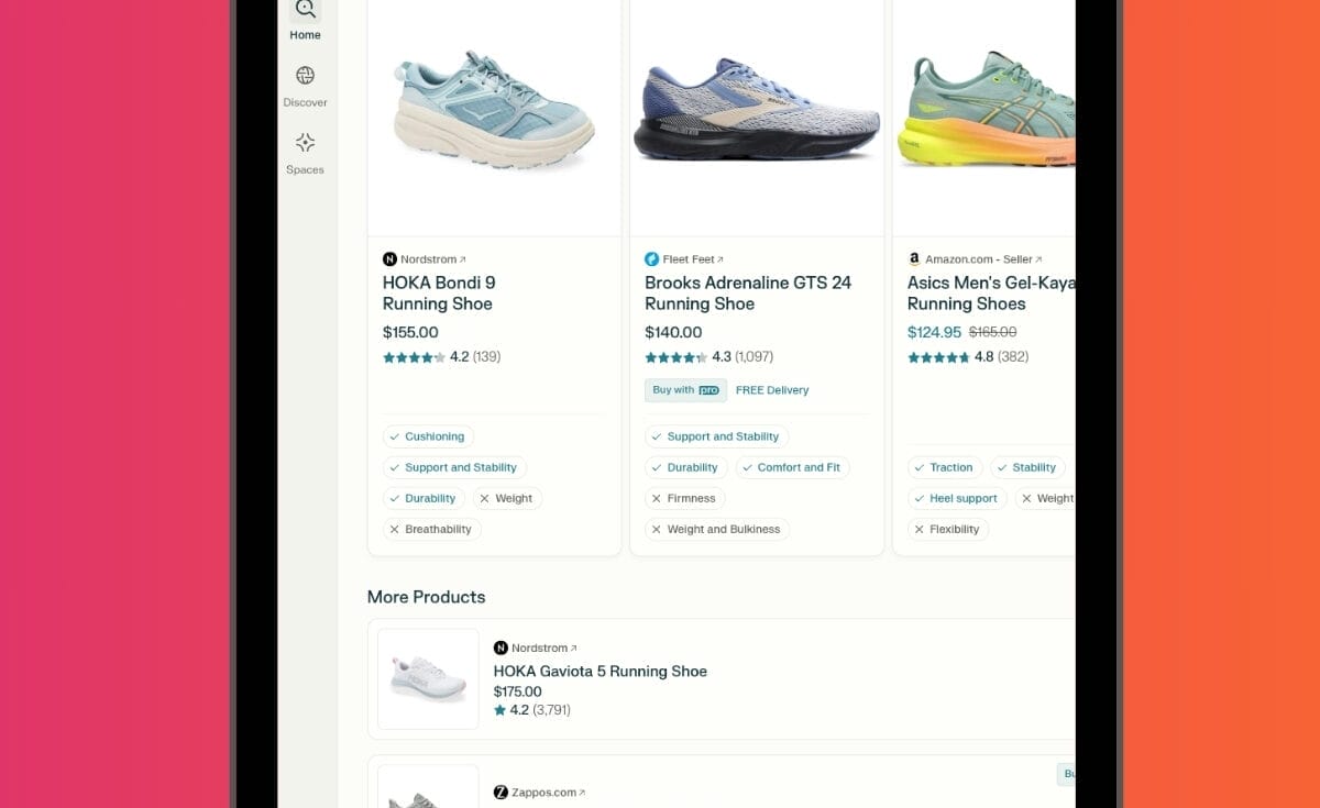 Example of AEO with a prompt on Perplexity displaying a shopping image of shoes to choose from.